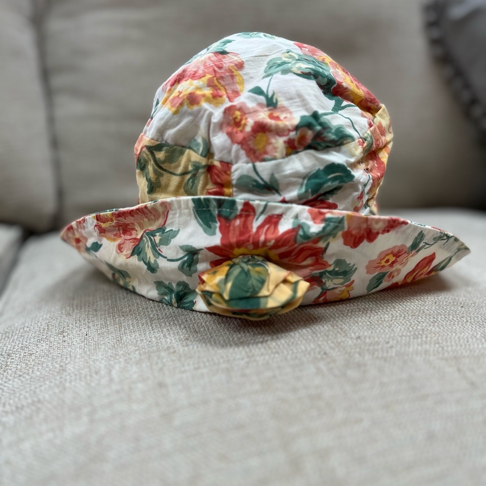 Floral Sun Hat - White with Red/Green/Yellow Print